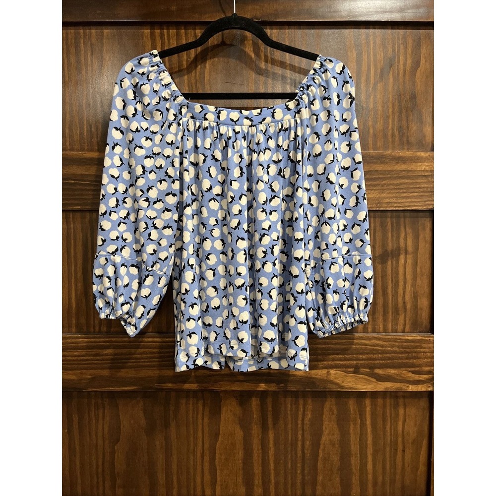 Popsugar Shirt Women Small Blue Blouse Cotton Floral 3/4 Sleeve‎ Flowy